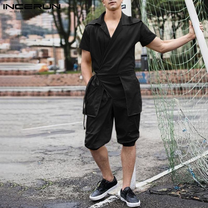 Men's Solid Well Fitting Short Sleeve Romper Loose Comeforable Fashhion All-match Cargo Jumpsuit Bib Pant Trousers S-5XL IN