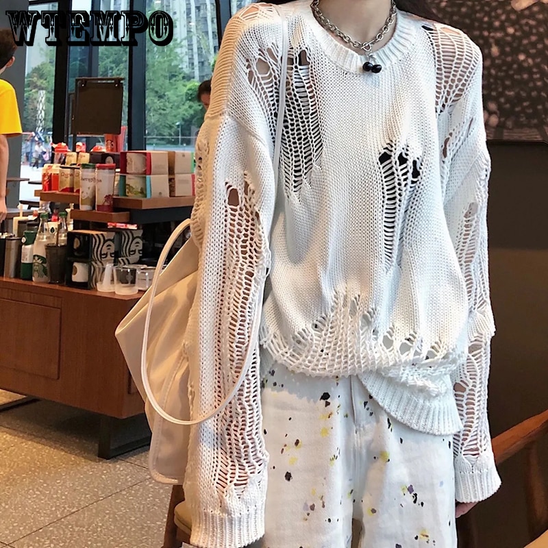 WTEMPO Women Pullover Sweater Gothic Punk Hole Female Streetwear Harajuku Hollow Out Broken Knitted Jumper