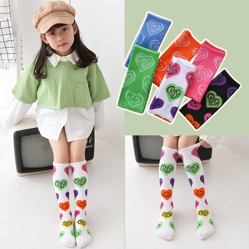 Spring Autumn warmer toddler girls keen high long Socks Letter Love Smiley Multicolor Breathable Socks Girls over Knee Calf Sock