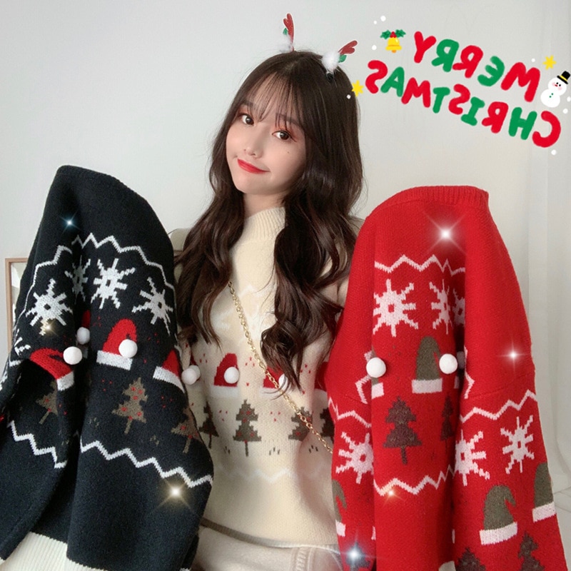 Christmas Women Sweater Winter Cute Round Neck Long Sleeve Vintage Sweater Pullover Japanese Harajuku Style Female Jumper