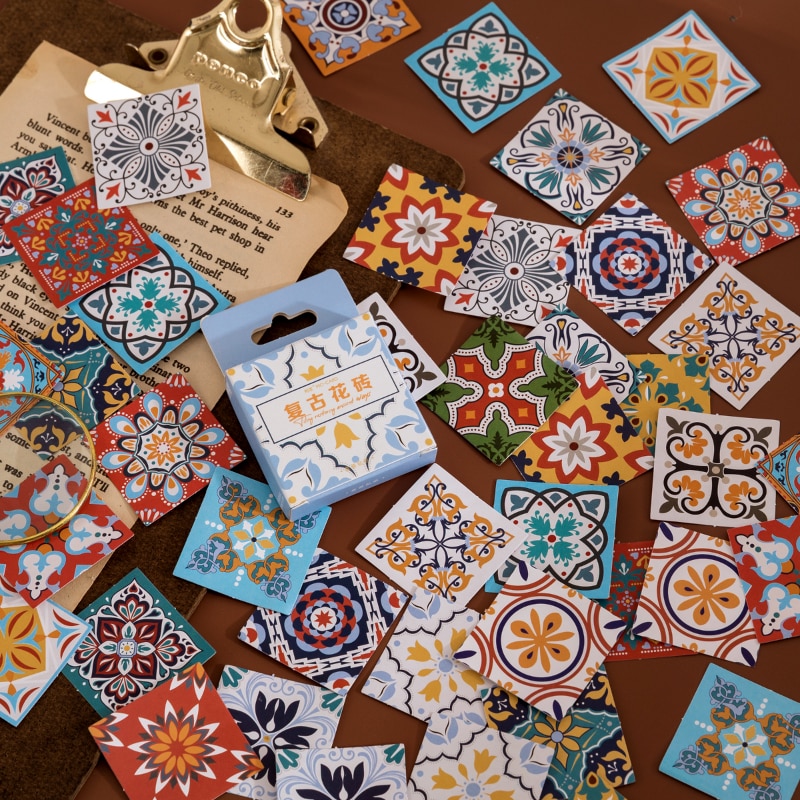 46Piece Middle Eastern style retro pattern brick Mini Boxed Stickers Diary Adhesive Scrapbooking Decorative Label material 4CM