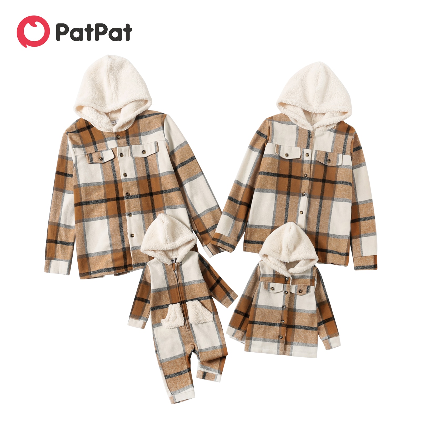 PatPat Family Matching Khaki Plaid Thickened Fleece Long-sleeve Hooded Outwear Jackets