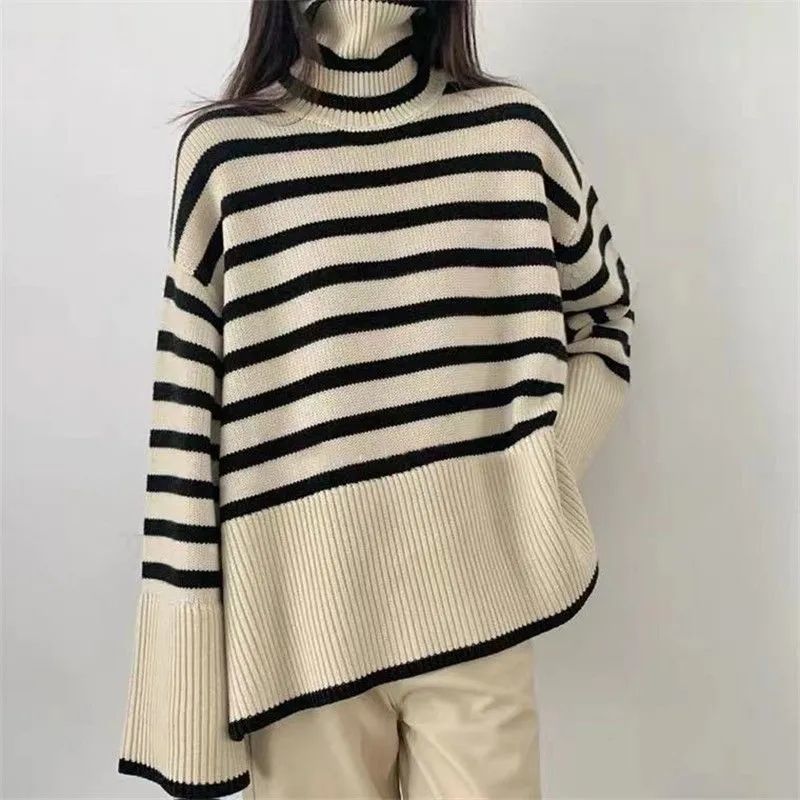 Oversized Striped Slits Women's Turtleneck Sweater Loose Casual Pullover Women Autumn Winter Female Fashion Warm Knit Botto