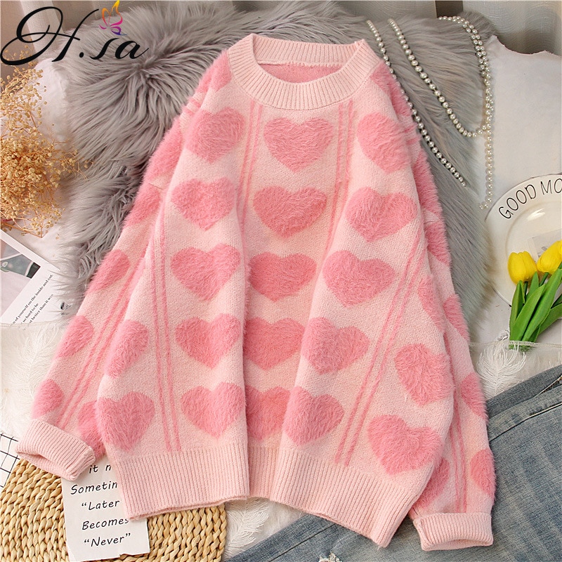 Hsa 2021 Mink Fur Sweater Women's Winter Thickened Sweet Heart Pullover Korean Style Loose And Korean Style Jumper Women&ap