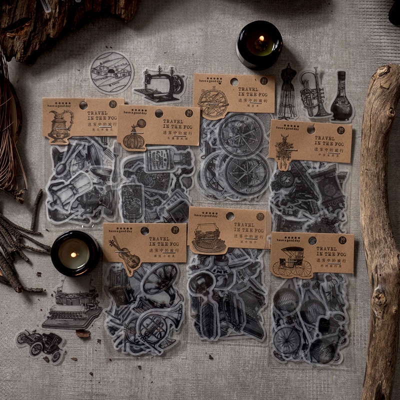 30 Pcs Vintage Washi Sticker Set Retro Things Classic Car Furniture Typewriter Stickers For Scrapbook Personal Planner Journal