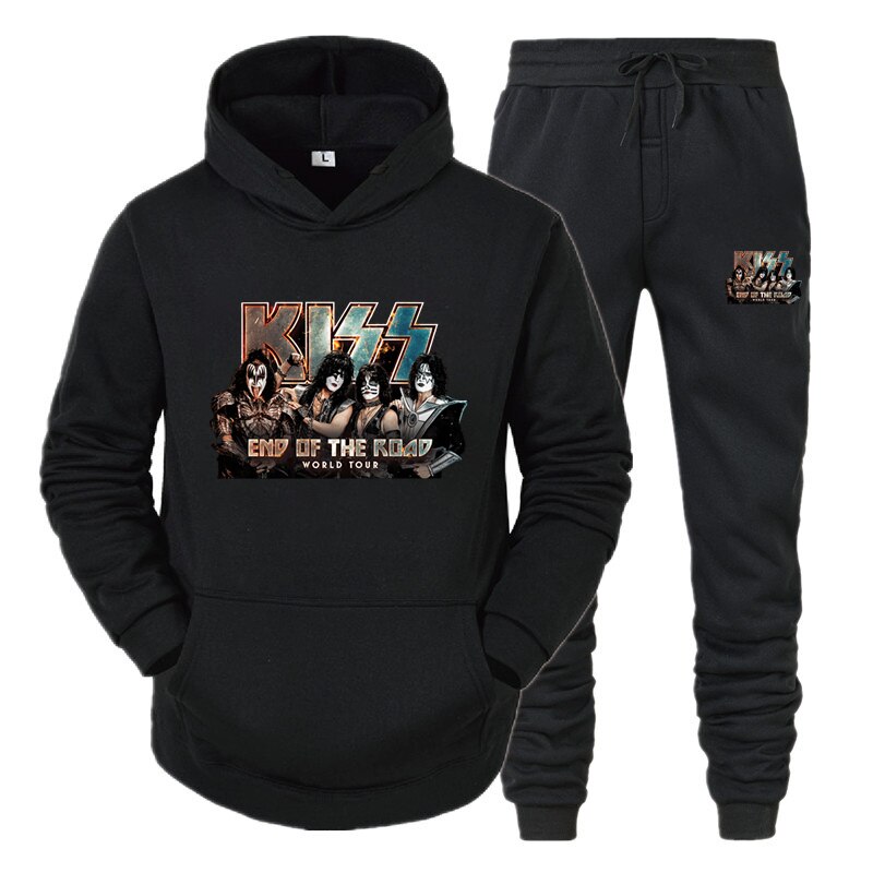 Winter Fashion Men's and Women's Hoodie Set Kiss Rock Poster Pattern Harajuku Long Sleeve + Elastic Pants Casual Warm 
