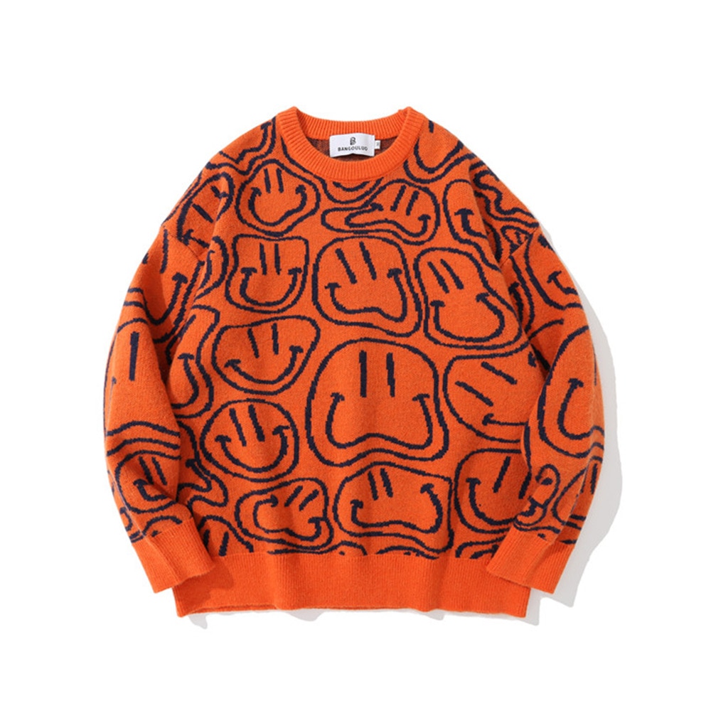 2021 Korean Fashion Smiley Jacquard Orange Vintage Men Loose Knitted Sweater Casual Women Pullovers Lounge Wear Sueter Masculino