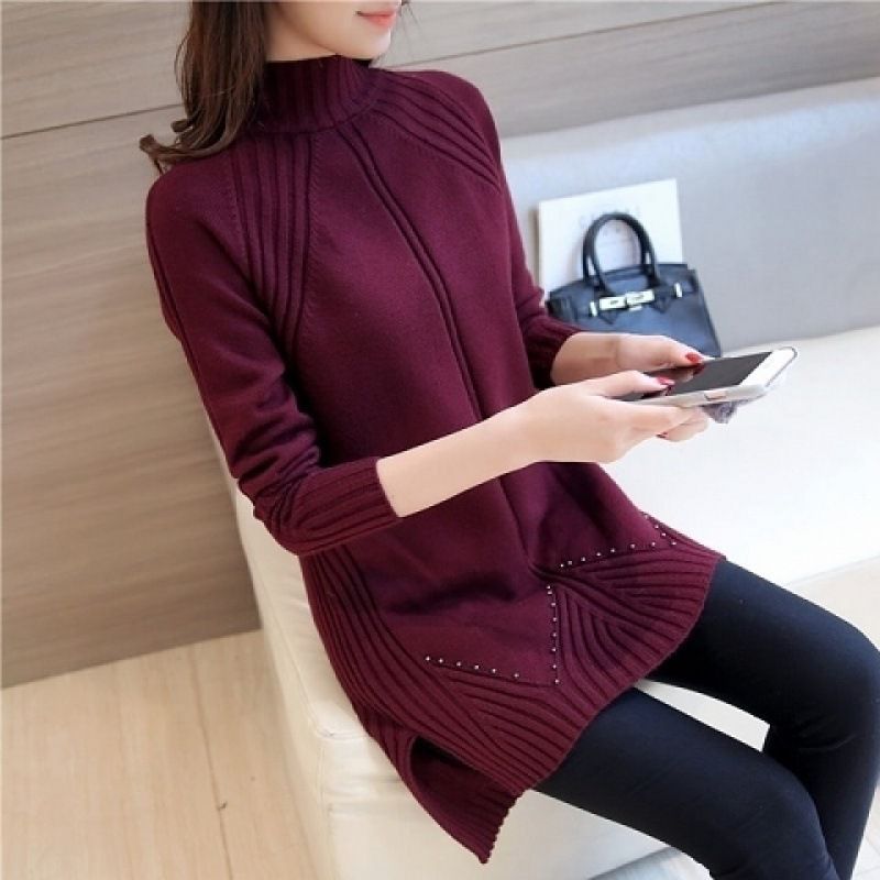 Fdfklak 2022 New Thick Loose Mid-Long Beaded Knitted Half-High Neck Long-Sleeved Bottoming Shirt Pullover Women Sweaters Dress