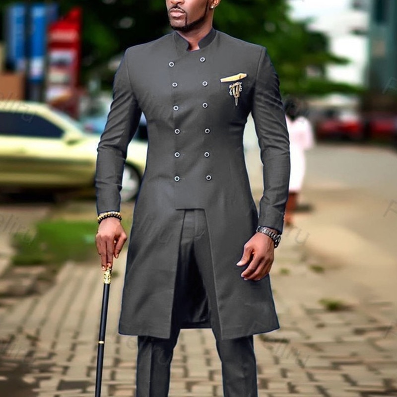 2022 Classic Dark Grey Men's Suit Slim Fit Wedding Suits For Men Groom Tuxedo African Wedding Double Breasted Best Man Blaz
