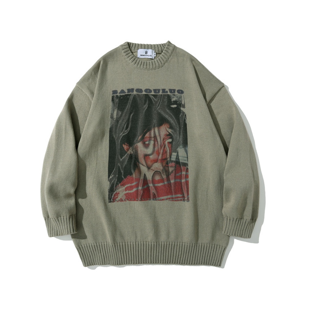 2021 Dark Streetwear Vintage Green Men Goth Y2K Knitted Sweater Harajuku Hip Hop Loose Women Pullovers Retro Knitwear Pull Homme
