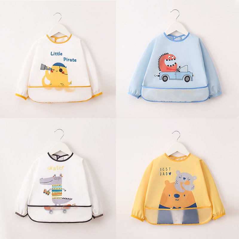 New Cute Baby Kids Toddler Bibs Long Sleeve Scarf Waterproof Art Smock Feeding Bib Apron Pocket Infant Boys Girls Burp Cloth