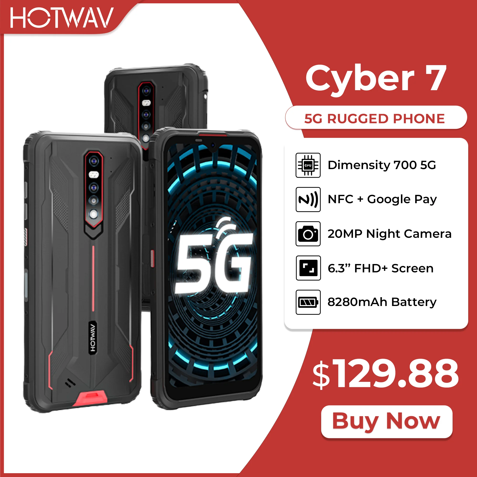 Hotwav Cyber 7 5G Rugged Phone 6.3 Inch FHD+ Screen 8GB RAM 128GB ROM 8280mAh Battery Smartphone 48MP Main Camera NFC Phone 2021