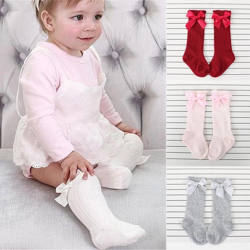 Girl Bow Kids Long Socks Non-slip Bowknet Socks Princess Girl Knee High Sock Girls Cute Cotton Bundling Baby Sock 0-3 Years