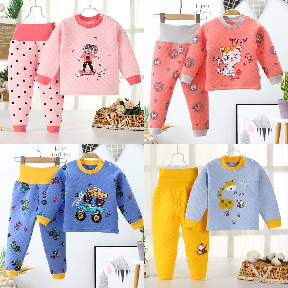 Boys Girls Winter children thermal underwear set three layers Cotton Toddler baby high waist protection Belly Thick Pajamas