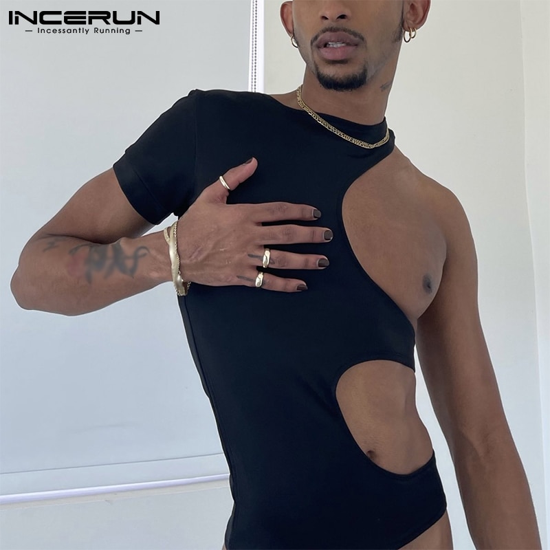 INCERUN Men Irregular Jumpsuits Fashion Hot Sale Single Cuff Undershirt Short Jumpsuits Male Sexy Short-sleeved Bodysuits S-5XL