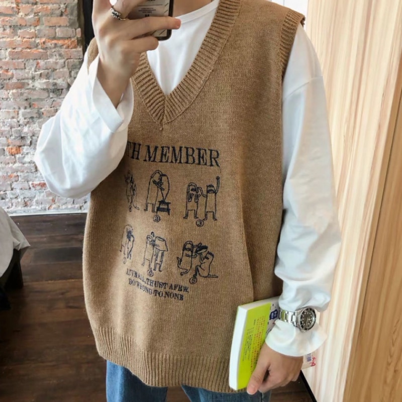 Young Men Students Couple Japan Harajuku Style Knitted Sleeveless V-Neck Sweater Tanks Loose Top Pullovers