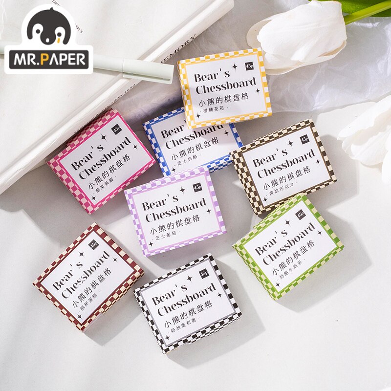 Mr.Paper 8 Design Bear's Checkerboard Series Pumping Boxed Coated Paper Sticker Scrapbook Decoration Collage Sticker
