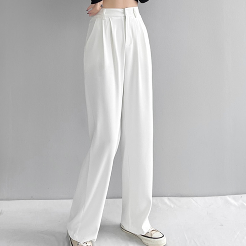 Women Casual High Waist Loose Wide Leg Pants Spring Autumn New Female Floor-Length White Suits Pants Ladies Long Trousers