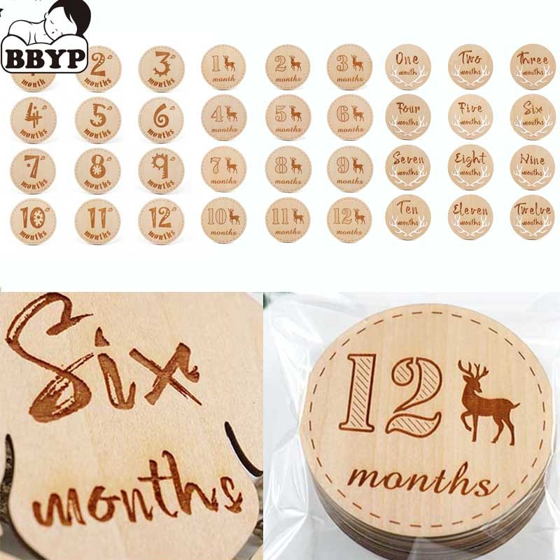 12Pcs Wooden Deer Newborn Baby Milestone Cards Baby Birth Monthly Recording Cards Commemorate Newborn Photography Props