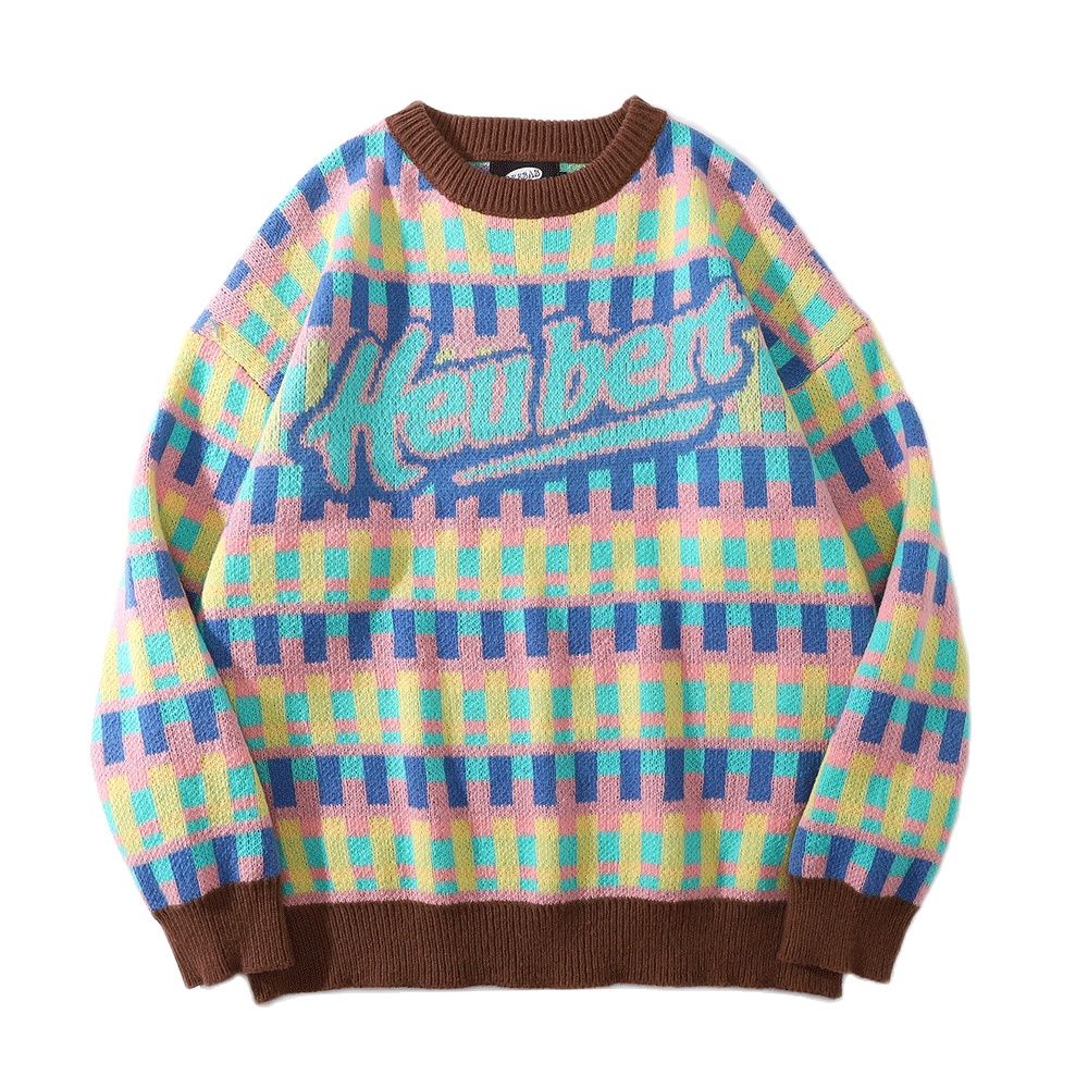 2021 Korean Fashion Color Block Plaid Stylish Men Oversize Knitted Sweater Round Neck Casual Women Kpop Tops Pullover Pull Homme