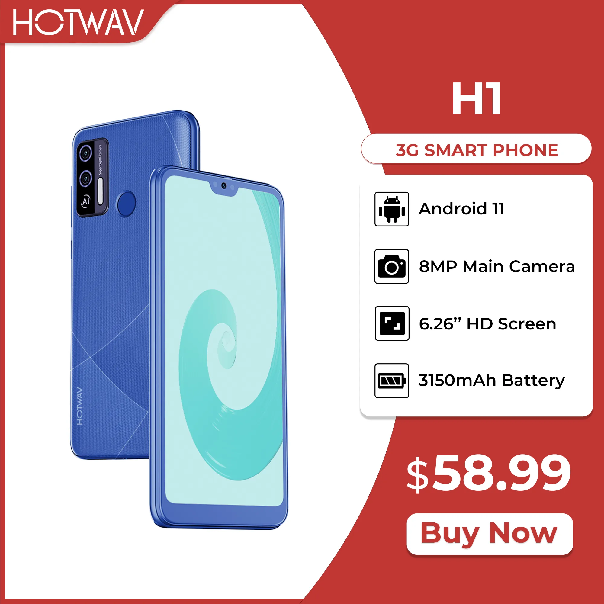 Hotwav H1 Smartphone 6.26 Inch HD Large Screen 2GB RAM 16GB ROM 3150mAh Battery Mobile Phone 8MP Camera Fingerprint Unlock Phone