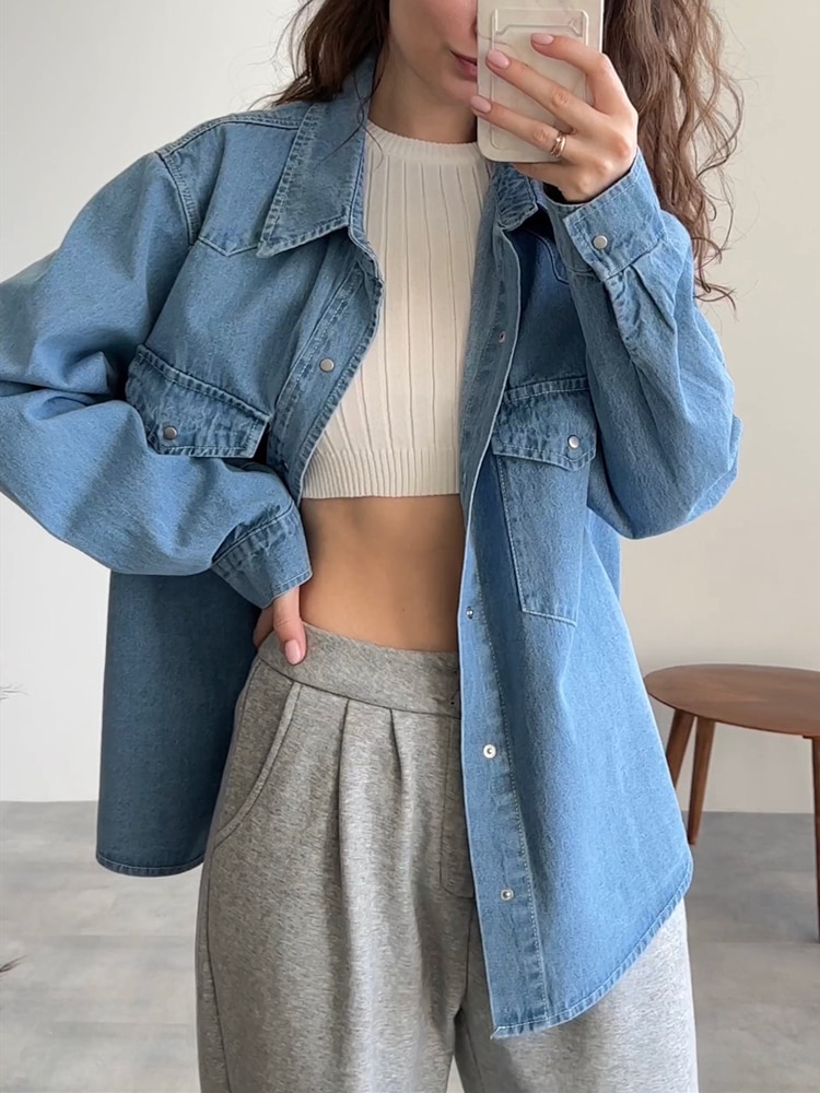 New 2022 Autumn Spring Women's Blouses Casual Fashionable Denim Shirts Jean Pockets Korean Style Minimalist Lady Tops BL935