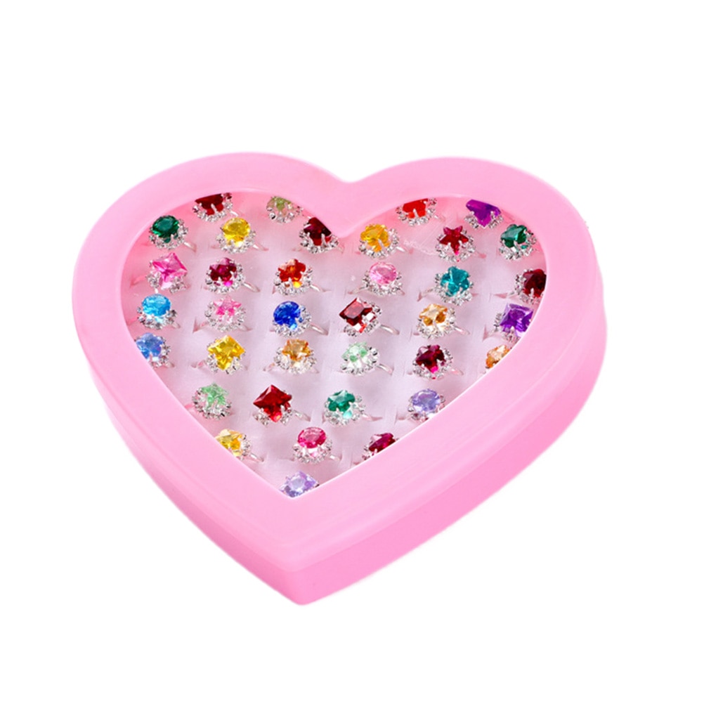 36pcs Children's Toys Rings Jewelry Box Jewelry Little Girl Jewel Rings in Box Pretend Play and Dress Rings