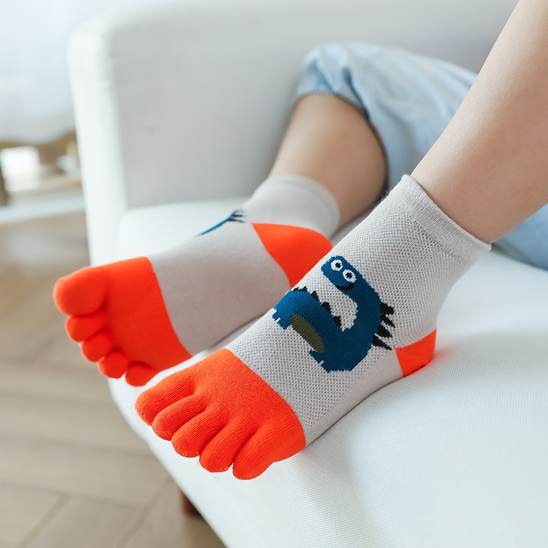 5 Pairs Children Cartoon Cotton Socks with Toes Cute Dinosaur Mesh Breathable Five Finger Socks for Baby Boys Girls Kids Gift