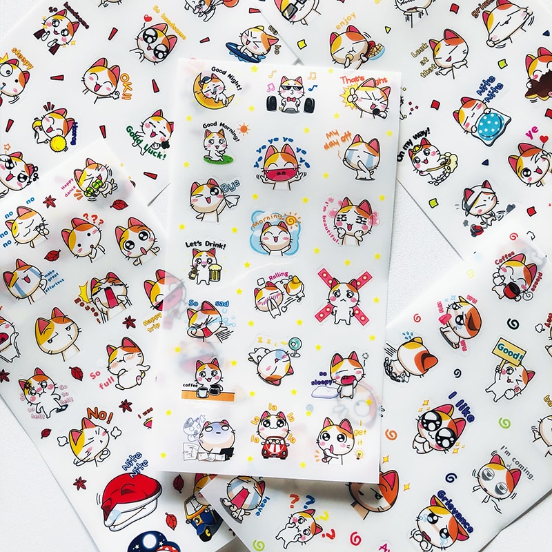6 Sheets /Pack Cat Emotion Waterproof Decorative Stickers Album Diary Hand Account Decor