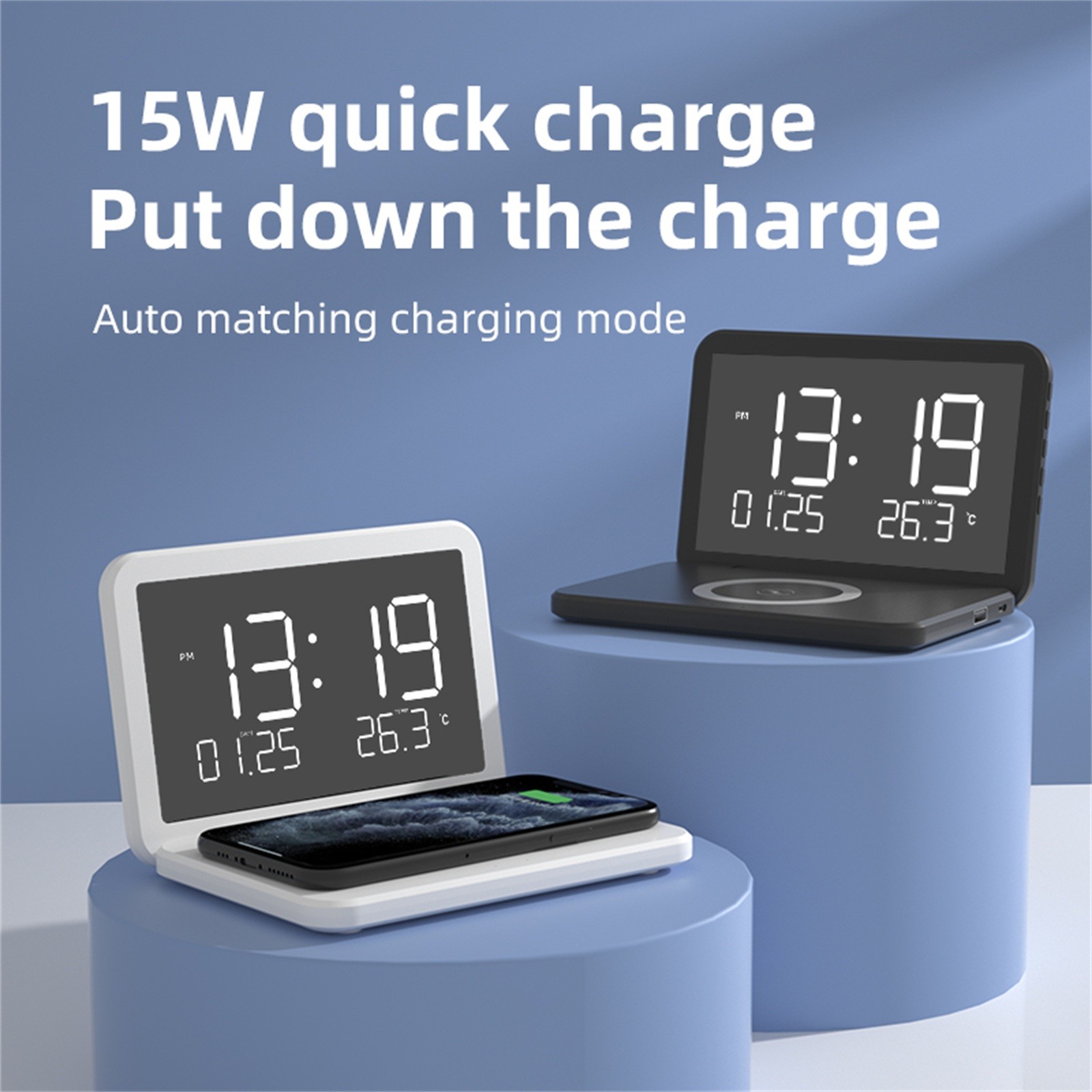 Universal Wireless Charging Clock With Thermometer Charging 10/15W Chargers Multi Function Type Alarm Tool wireless charging