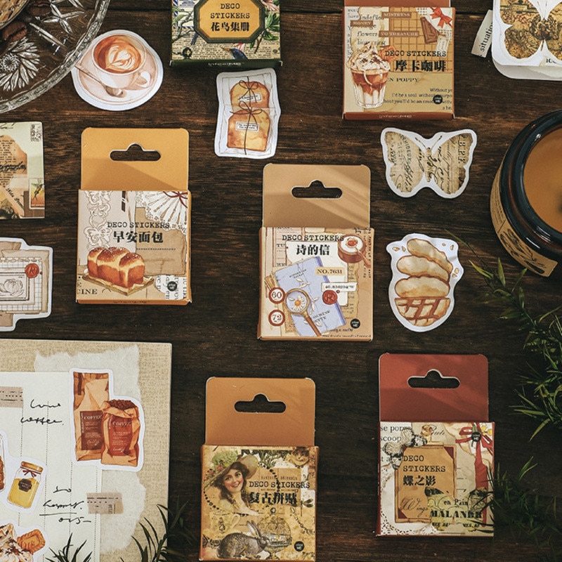 46 Pcs Vintage Washi Sticker Set Retro Coffee Art Work Sticker Adhesive Label For Diy Scrapbooking Journaling Crafts Planner
