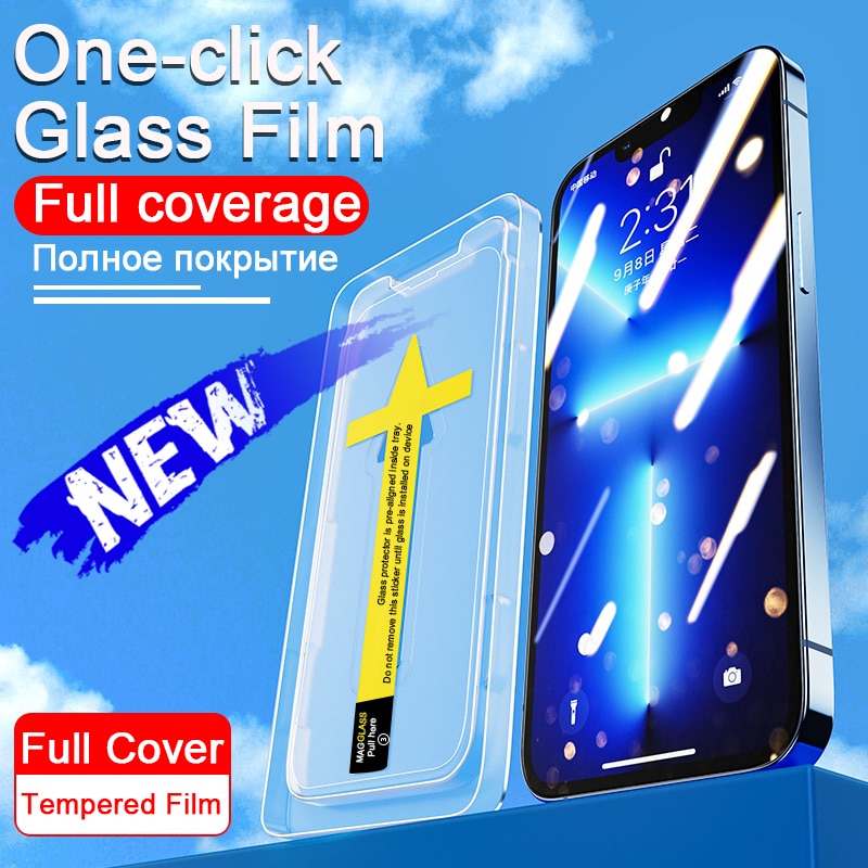 Tempered Glass For iPhone 13 12 11 Pro Max 12 13 Mini Full Cover Screen Protector XR XS X One-click installation Protective Film
