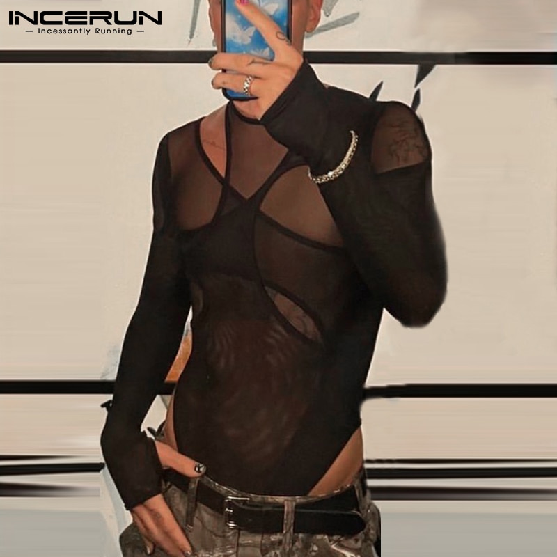 INCERUN Fashion Casual New Men Long Sleeve Triangle Rompers Breathable Mesh Sexy Leisure Patchwork Hot Sale Bodysuits S-5XL 2023