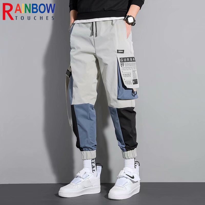 Cargo Pants Men Tooling Tie Feet Trousers Mens Hip-Pop Pockets Overalls Fashion Casual Fashion Joker Pants Cotton Rainbowtouches