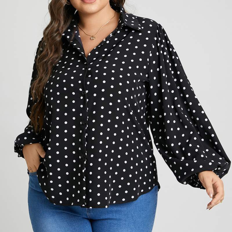 Women Plus Size Blouses Celmia Casual Polka Dot Shirt 2023 Fashion Lapel Office Ladies Blusas Long Lantern Sleeve Tops Tunic