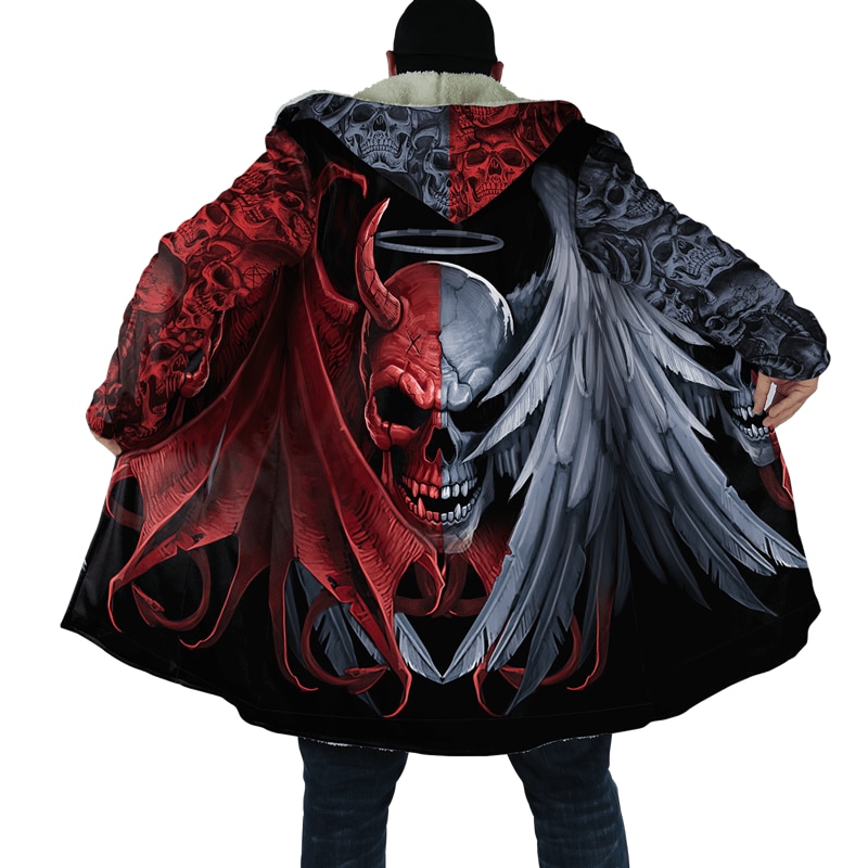 Fashion Mens Cloak Fire Reaper Skull Tattoo Harajuku 3D Print Full Fleece Hooded Coat Unisex Casual Thick Warm Cloak Coat K-011
