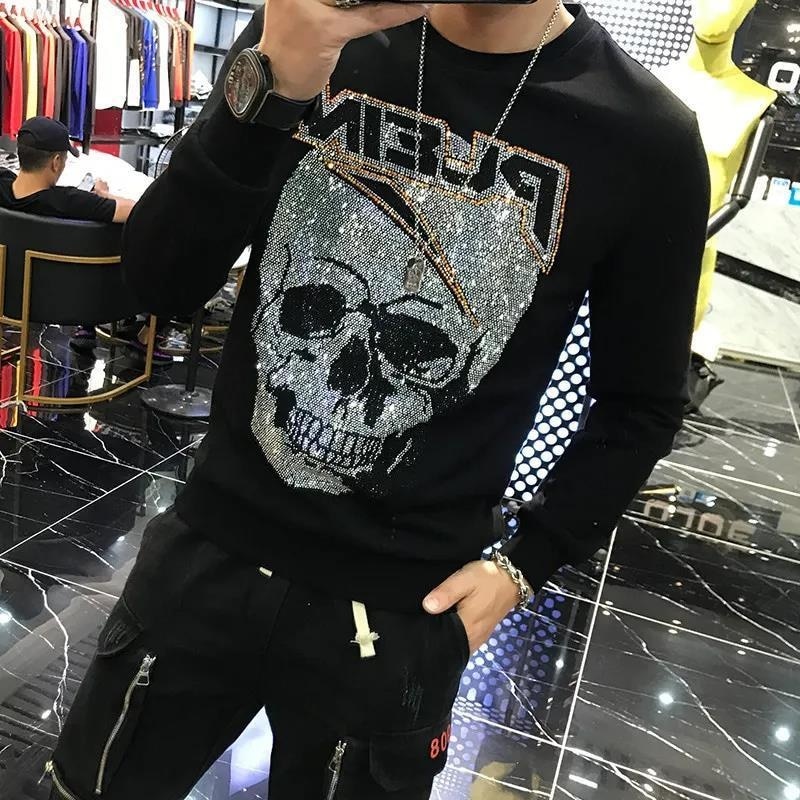 Winter 2021 Men's Rhinestone Skull Hoodie Shiny Diamond Sweatshirt Cotton Warm Casual Sweatshirt Hip Pop Street Oversize