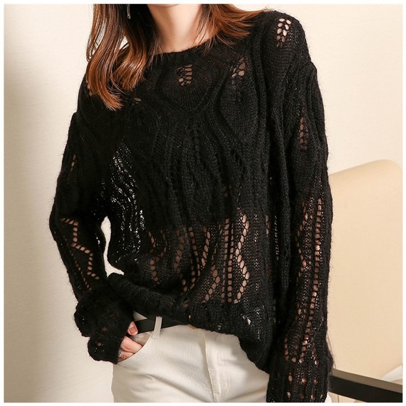Autumn Hollow Out Loose Sweater Knitwear Outwear Women Fashion Ladies Casual Street Elegant OL Outfits Tops Mohair Sweater New