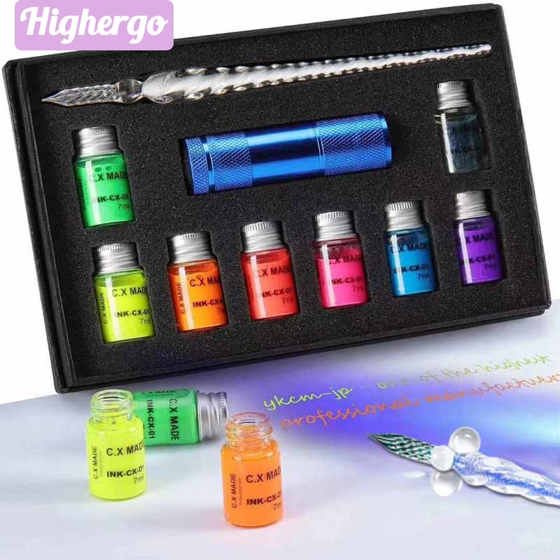 Highergo 10Pcs/Box Glass Pen Set with Fluorescent Invisible Ink UV Flashlight Calligraphy Dip Pen for Writing Drawing Art Gifts