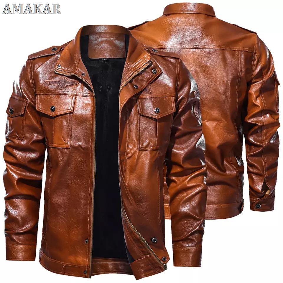 Men 's Fleece Thick Motocycle Jacket Classical 2022 Winter Men Leather Jacket Motor Autumn Zipper Male Biker Coat Size 5XL
