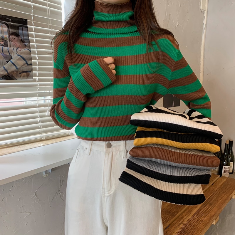 Knit Sweater Autumn And Winter Korean Version Of The Slim Fit Stripe Slimming Women's High-Neck Bottoming Sweater