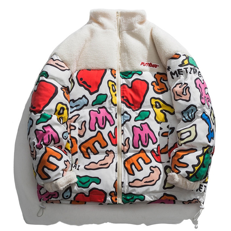 Winter Thick Parkas Jacket Lambswool Stitching Heart Letter Graffiti Padded Jackets Harajuku Oversized Coat Streetwear Unisex