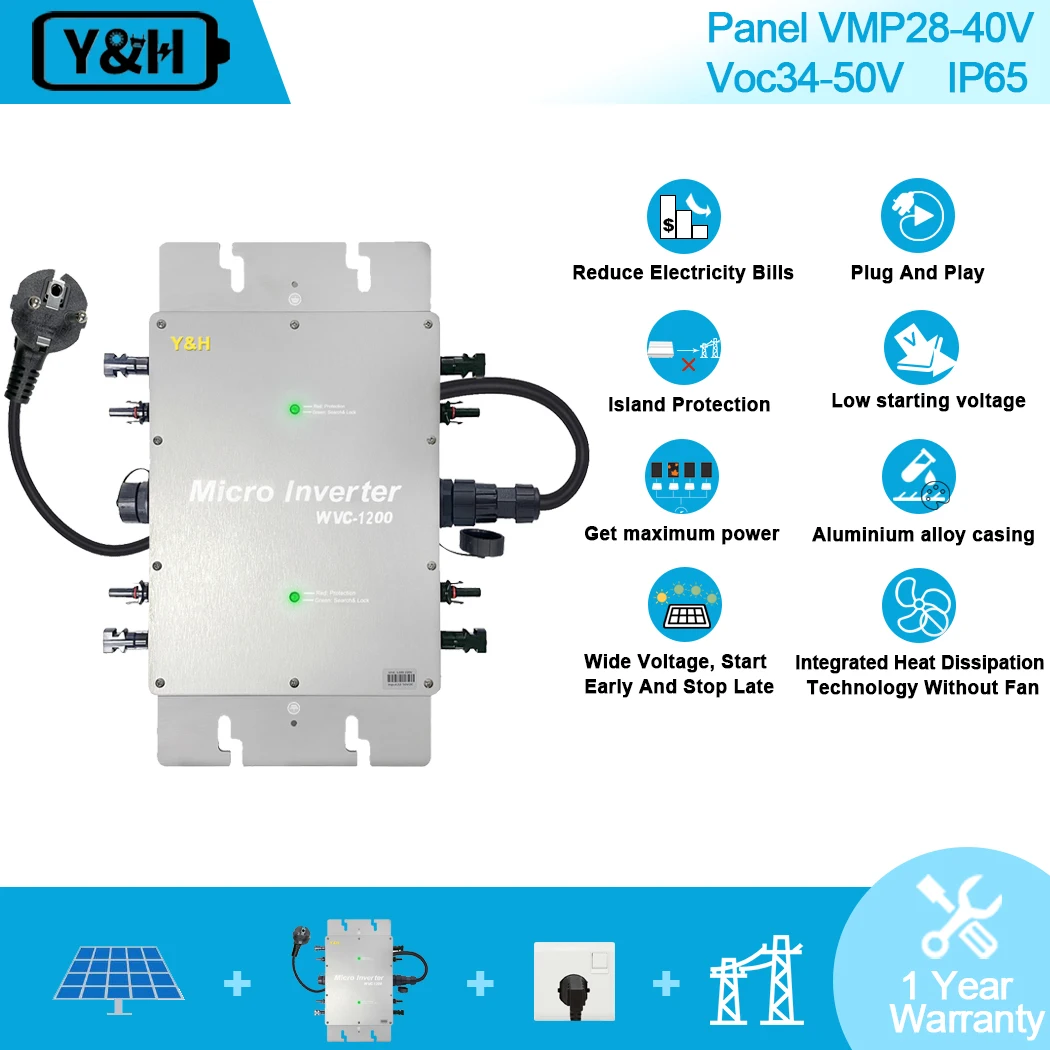 Y&H 1200W Grid Tie Inverter Waterproof IP65 MPPT DC28-50V PV Input AC80-160V Output Solar Micro Inversor for 30V 36V Solar P