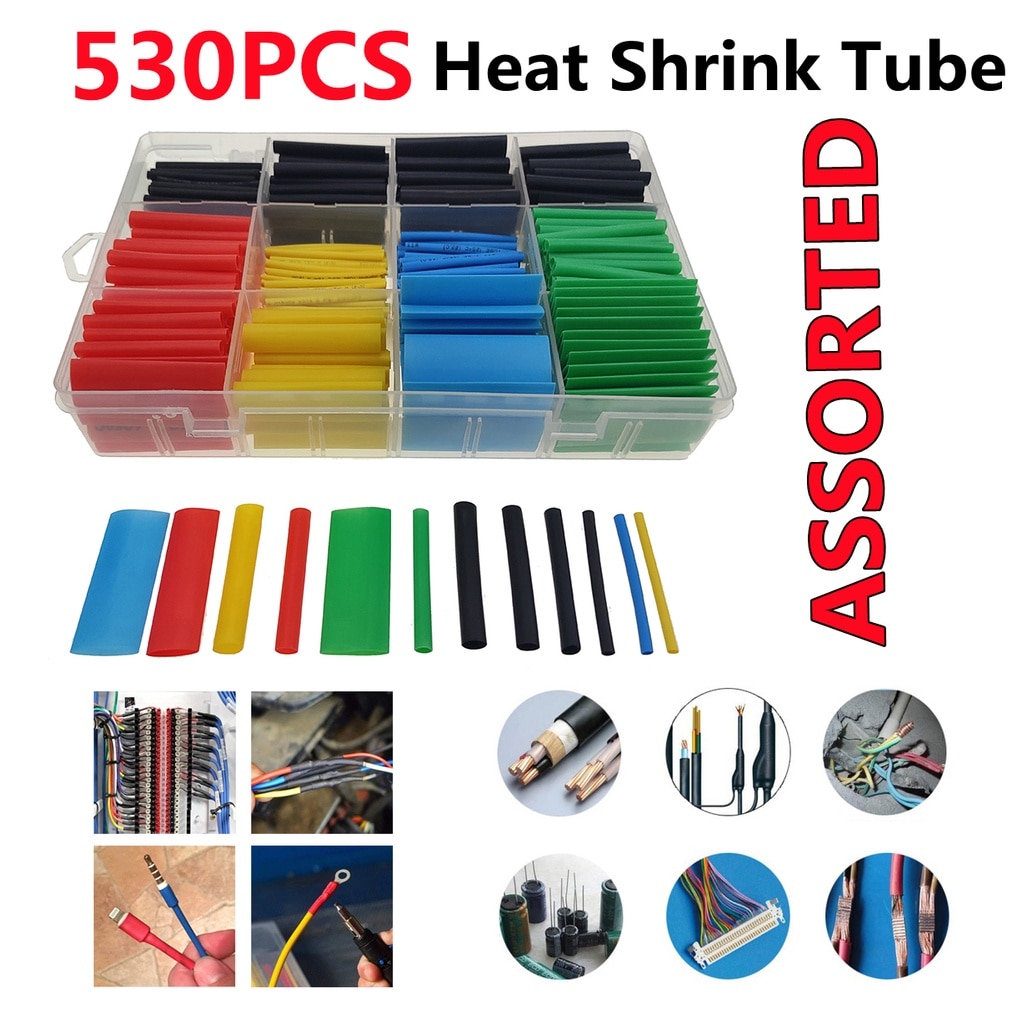 Thermoretractile Tubing Case 530PCS Heat Shrink Tube Wrapping Assortment Polyolefin Shrinkable Sleeve Insulation Cable Kit
