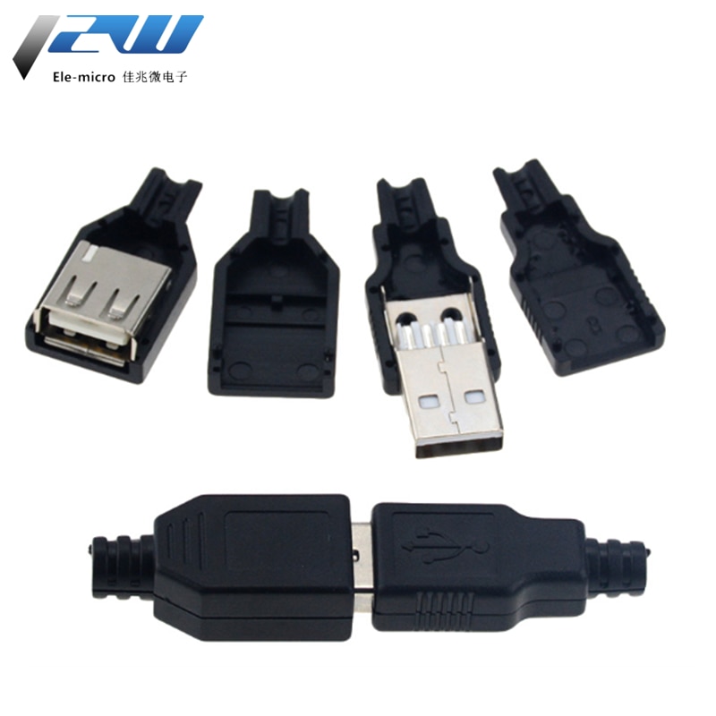 10pcs Type A Male Female USB 4 Pin Plug Socket Connector With Black Plastic Cover Type-A DIY Kits