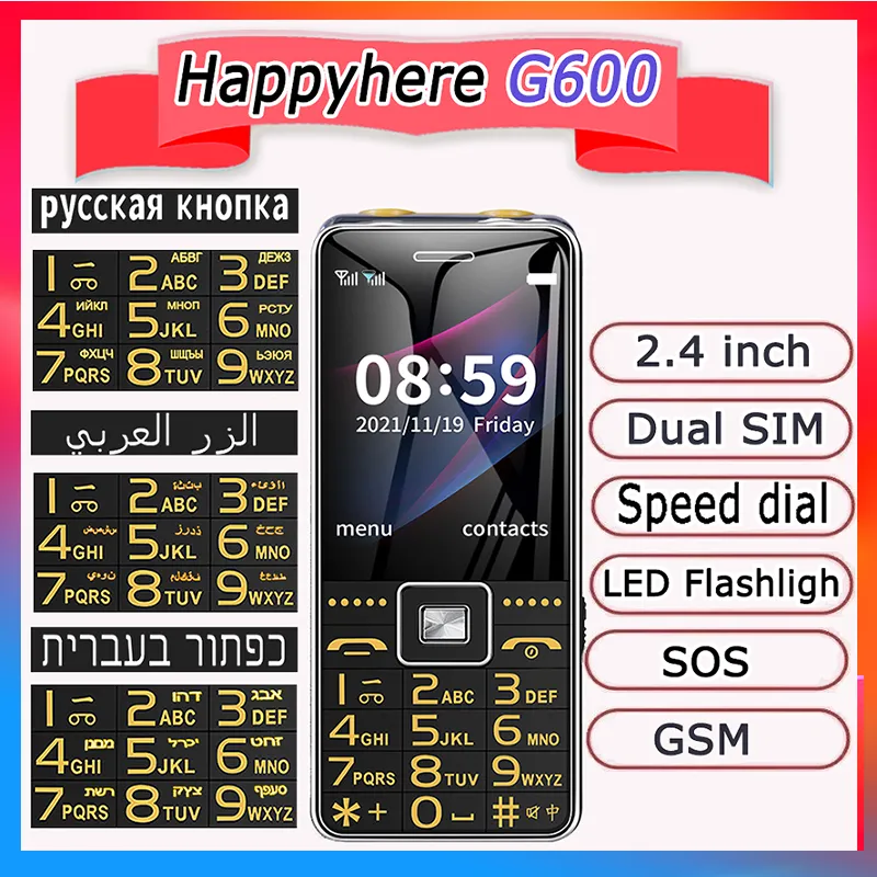 Happyhere G600 GSM Mobile phone 2.4" screen Dual Sim MP3 redcorder SOS speed dial LED Flashlight Russian Keyboard Mobile ph