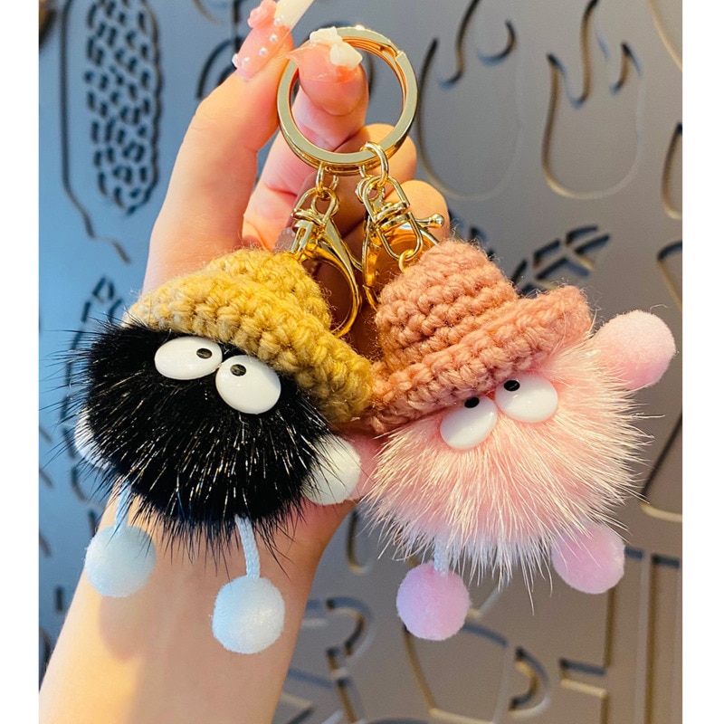 Plush Small Coal Ball Keychain Cute Black Grey Pink Mink Fur Pendant Creative Bag Car Metal Keyring Girl Boy Lover Lanyard Gift