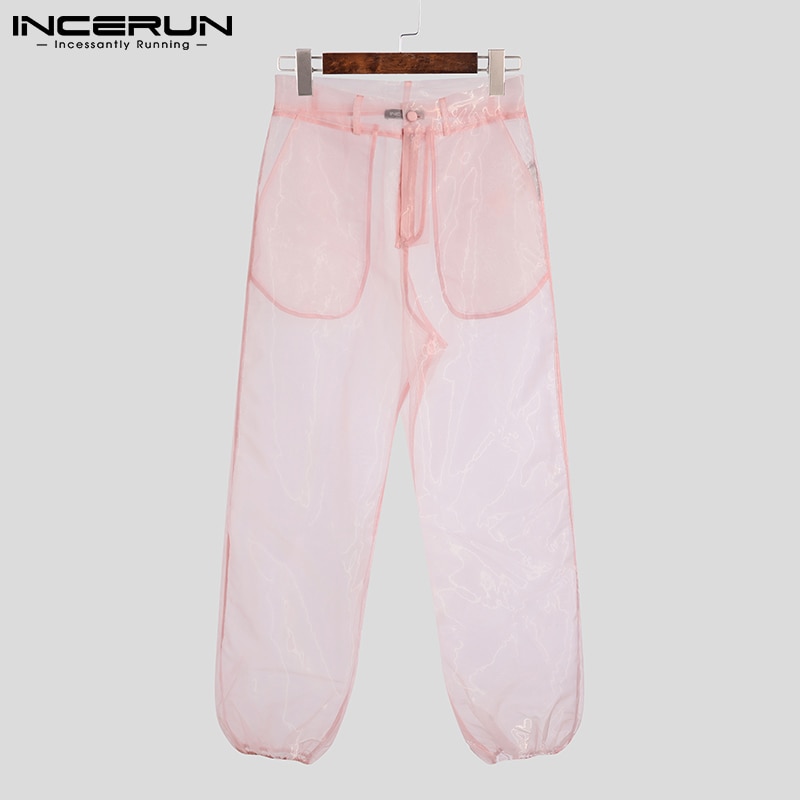 INCERUN Fashion Casual Men Fashion Hot Sale Trousers See-though Long Pants Sexy Leisure Breathable Mesh Net Yarn Pantalons S-5XL