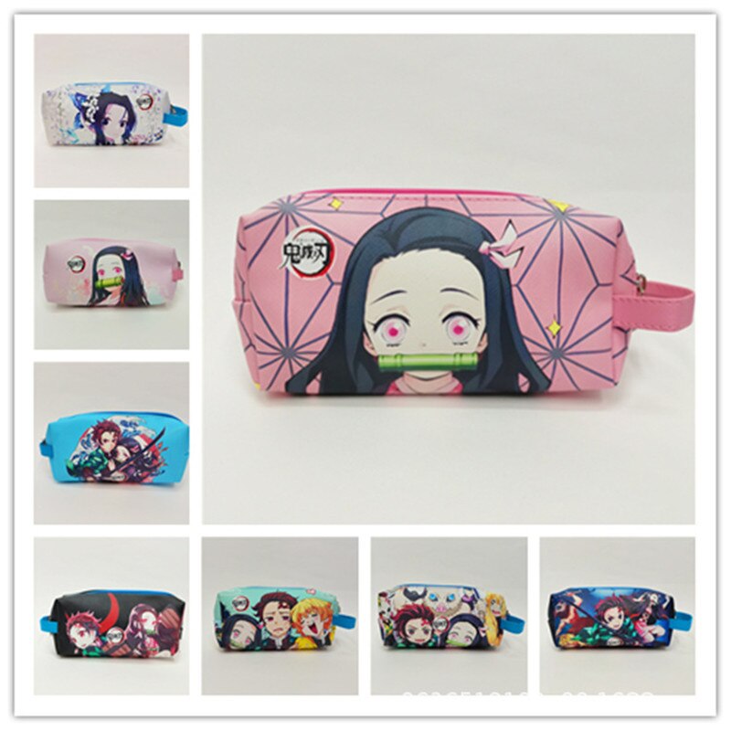 1pcs Anime Demon Slayer Nezuko Cartoon Leather Pu Pencil Bags Zipper Makeup Bags Student Large-capacity Portable Stationery Bags