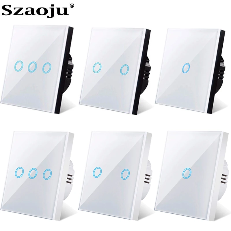 Szaoju EU Touch Switch No Neutral LED Crystal Glass Panel Wall Lamp Light Switch Sensor Switches 1/2/3 Gang AC100-240V LED